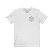 Load image into Gallery viewer, White t-shirt with a Mystical Pixel logo on the left side of the chest. There is a purple version of the logo where the tag of the shirt usually would be.