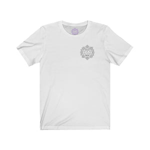 White t-shirt with a Mystical Pixel logo on the left side of the chest. There is a purple version of the logo where the tag of the shirt usually would be.