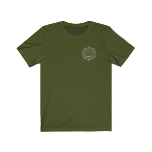 Olive green t-shirt with a Mystical Pixel logo on the left side of the chest. There is a purple version of the logo where the tag of the shirt usually would be.