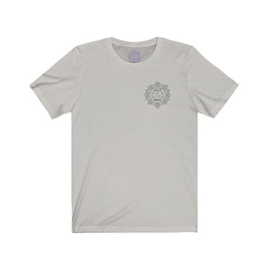 Light grey t-shirt with a Mystical Pixel logo on the left side of the chest. There is a purple version of the logo where the tag of the shirt usually would be.